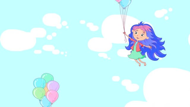 A girl with red and blue hair is flying upwards with balloons, waving her arms and legs across the blue sky with white clouds. Abstract loop animation with a drawn child character.