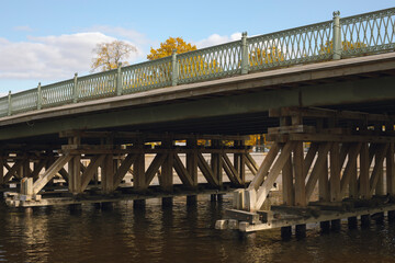 The wooden base of the Ioannovsky bridge. Saint-Petersburg, Russia.