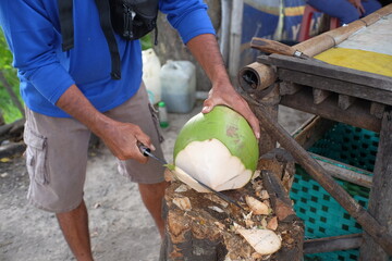 Close up of a person's hand peeling a young coconut using a machete.