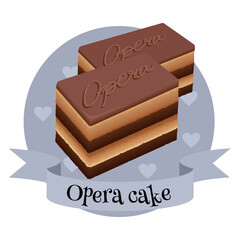 Opera cake traditional French dessert. Colorful vector illustration.