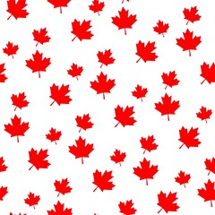 Seamless red Canadian maple leaf pattern on white