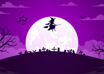 halloween flat background with witch illustration flying over cemetery area