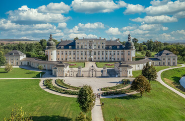 Aerial view of L'Huillier-Coburg Palace in Edelény is the seventh largest palace in Hungary. Prominent example of early Baroque architecture with garden