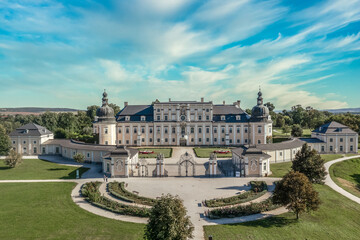 Aerial view of the Coburg L'Huillier baroque palace castle in Edeleny with restored French garden  