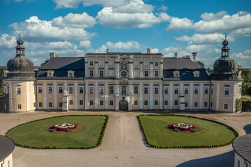 Aerial view of L'Huillier-Coburg Palace in Edelény is the seventh largest palace in Hungary. Prominent example of early Baroque architecture with garden