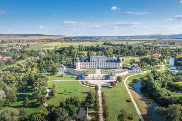 Aerial view of L'Huillier-Coburg Palace in Edelény is the seventh largest palace in Hungary....