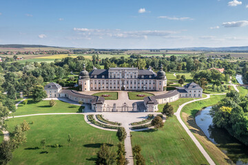 Aerial view of the Coburg L'Huillier baroque palace castle in Edeleny with restored French garden  
