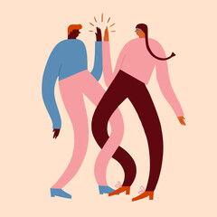 Couple of men and women dancing and celebrate success in business, study or relationships, give hand five to each other. Connection and solidarity illustration in vector. Vector illustration - 461940727