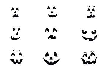 conjunto de caras calabazas sobre fondo blanco - Símbolo principal de Halloween. Calabaza naranja con sonrisa para su diseño para la fiesta de Halloween. Ilustración vectorial.