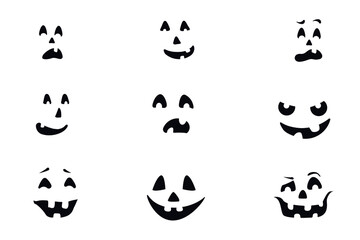 Fototapeta premium conjunto de caras calabazas sobre fondo blanco - Símbolo principal de Halloween. Calabaza naranja con sonrisa para su diseño para la fiesta de Halloween. Ilustración vectorial.