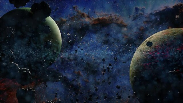 Amazing asteroids field, beautiful cinematic flight through dark deep space asteroid field with stars in 4k, sci-fi, galaxy exploration through outer space, Space, glowing nebulae, clouds, stars field