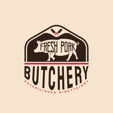 Vintage Retro Pork Butcher Shop Logo Design. With pig, and knife icon. Premium, and luxury food logo template
