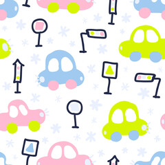 Hand drawn winter seamless pattern of cars in snowfall. Perfect for T-shirt, textile and prints. Cartoon style vector illustration for decor and design.
