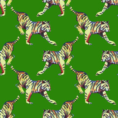 Fototapeta na wymiar Seamless pattern watercolor hand-drawn abstract tiger wild cat isolated on green. Chinese symbol new year. Orange animal with black stripes. Creative background for christmas, celebration