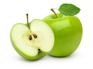 Fresh green apple fruit and halves with leaves isolated on white background.