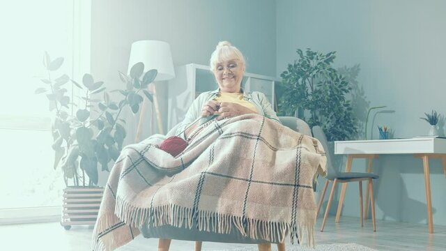 Positive nice peaceful granny sit comfy armchair hold needles knit socks