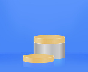 Studio room concept silver gold cylinder podium for cosmetic product presentation. vector 3d illustration with geometric shapes.  minimal design with  Abstract modern