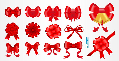 set of realistic red bow ribbon isolated or christmas ribbon decoration golden color or new year decoration for gift and banner. eps vector
