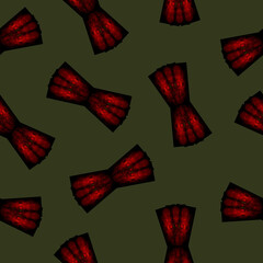 Seamless Pattern with Red and Black Bow on Dark Green Background.