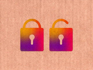closed and open lock icon on cardboard texture