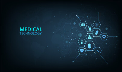 Medical technology network concept design.Icon medical network connection with modern on dark blue background.Health care concept.
