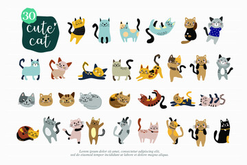 Fototapeta premium Cartoon cat set with emotions and different poses. Cat behavior, 30 Body language and face expressions. Cats simple cute style. vector illustration