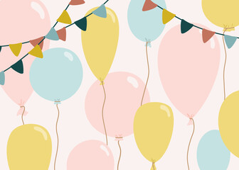 Festive background with blue, pink and yellow balloons, garlands. Cute birthday illustration in flat style. Vector background