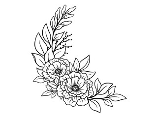 Flowers Line Art Sublimation. Hand drawn flower sketch line art illustration