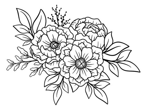 Flowers Line Art Sublimation. Hand drawn flower sketch line art illustration
