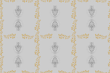 Seamless pattern with interesting doodles on colorfil background. Pano. Raster illustration.