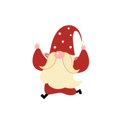 A cute little gnome in red costume waving two hand for Christmas cartoon character flat vector illustration isolated on white background. Merry Christmas and Happy New Year.