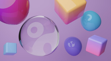 Pink and purple cube, sphere. Abstract 3d render, colorful floating objects.