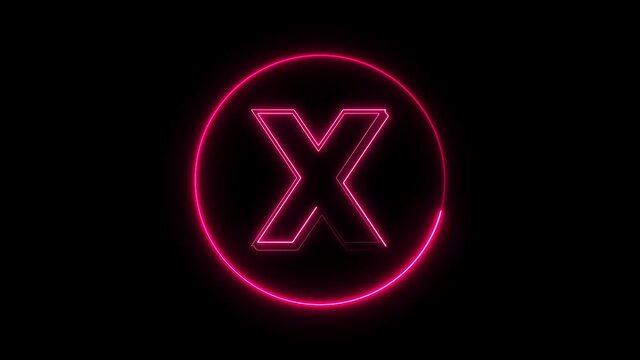 Neon font letter X . Animated pink neon alphabet symbol on black background.