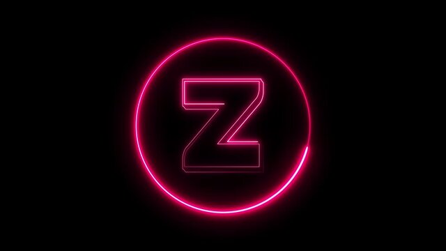 Neon font letter Z uppercase appear in center and disappear after some time. Animated pink neon alphabet symbol on black background.