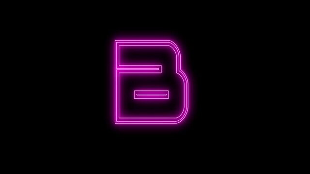 Neon font letter B uppercase appear in center and disappear after some time. Animated pink neon alphabet symbol on black background.