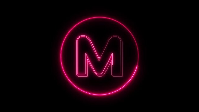 Neon font letter  M uppercase appear in center and disappear after some time. Animated pink neon alphabet symbol on black background.