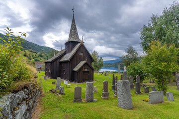 Fototapeta na wymiar Magnificent medieval wooden stave churches all around Norway mostly built between 1150 and 1350. The Vikings leveraged their knowledge in boat and home construction 