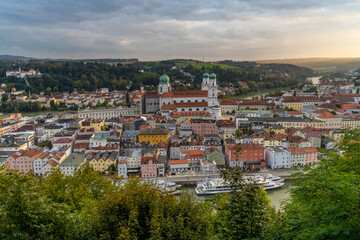 View of trhe old city of Passau from the Veste Oberhaus, Lower Bavaria, Germany, Also known as the...