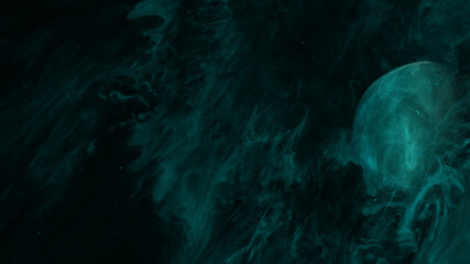 blue planets in space in a foggy whirlwind illustration