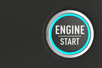 push button with text start engine on dark background. 3D illustration