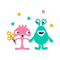 Cute cartoon monster , Valentine's Day and other holiday. Doodle greeting card. Vector illustration.