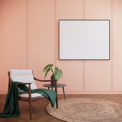 blank picture frame mock up in modern japandi peach living room interior with armchair, 3d rendering