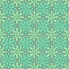 Vector seamless patterns of green simple flower shapes and dots