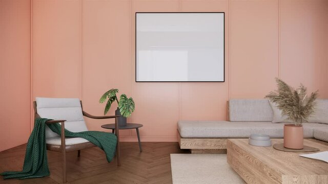interior of modern japandi living room with furniture and peach wall, pan right shot, video ultra HD 4K 3840x2160, 3D animation apartment design