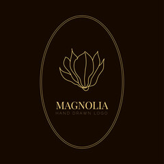 Simple magnolia flower logo illustration for real estate. Botanical floral emblem with typography on brown background. Vector illustration © Iren Art