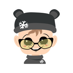 Avatar of child with big eyes, wide smile and glasses in bear hat with snowflake. Cute kid with joyful face in autumnal or winter headdress. Head of adorable baby with happy emotions