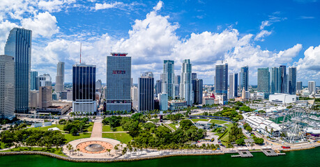 aerial drone panoramic view of Miami Beach, Florida with city