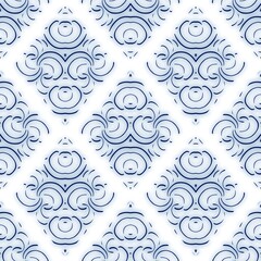 Seamless blue and white ceramic tile ornate damask pattern for surface design and print. High quality illustration. Fancy swatch resembling dutch delft blue classical pottery. Trendy flourish design.