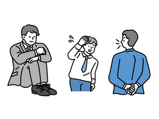 謝る、謝罪、落ち込む、仕事の失敗を表すイラスト(疲労、モチベーション、イライラ、やる気、疑問、頭を抱える) An illustration of an apology, apology, depression, or failure at work.Fatigue, motivation, irritation, motivation.