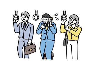 電車に乗る、つり革を掴むイラスト(通勤、通学、トラブル、電話、マナー、迷惑、謝罪、交通) An illustration of getting on a train and grabbing a strap.Commuting, commuting, trouble, telephone, manners, inconvenience, apology, transportation.